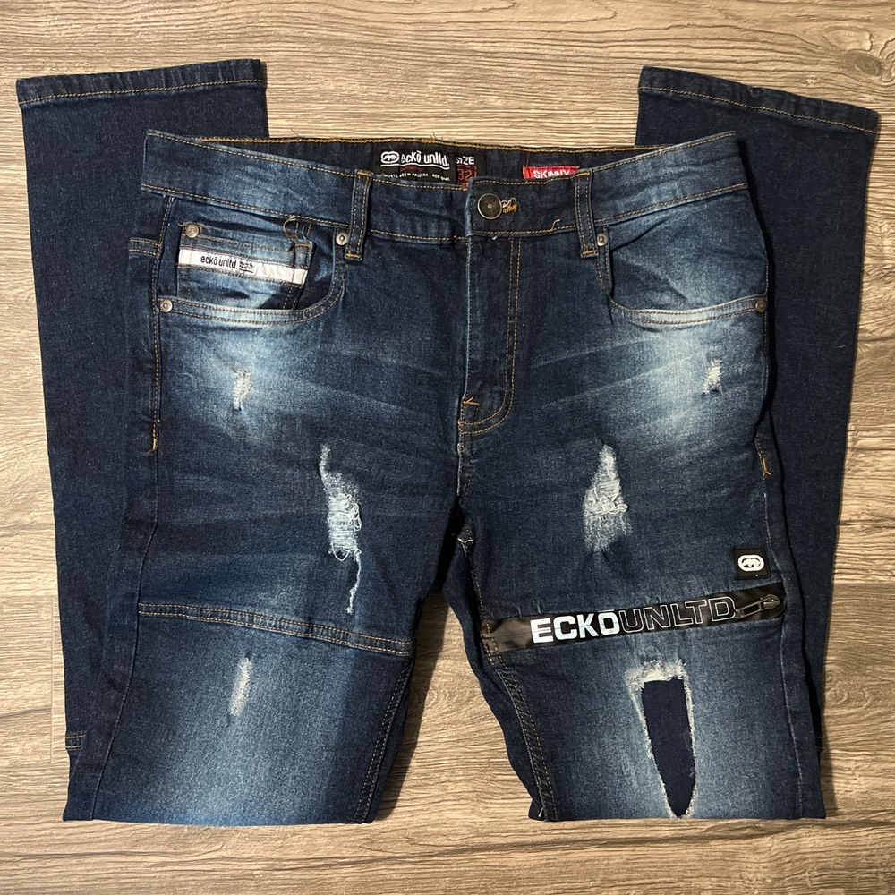 Ecko‎ Unltd Dark Wash Low Rise Men's Distressed Skinny Blue Jeans, Size 32x32 - Picture 2 of 12